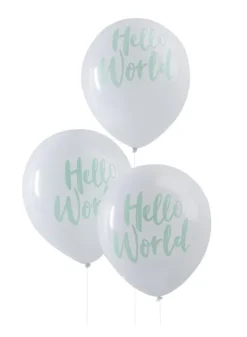 Ballonger vita med mintgrön text Hello world – 5 stycken