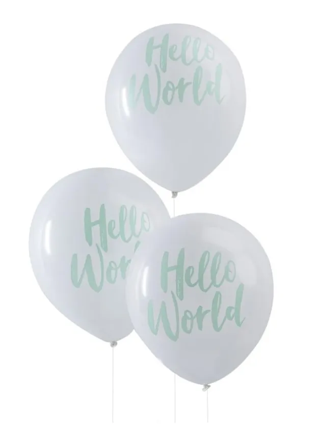 Ballonger vita med mintgrön text Hello world – 5 stycken