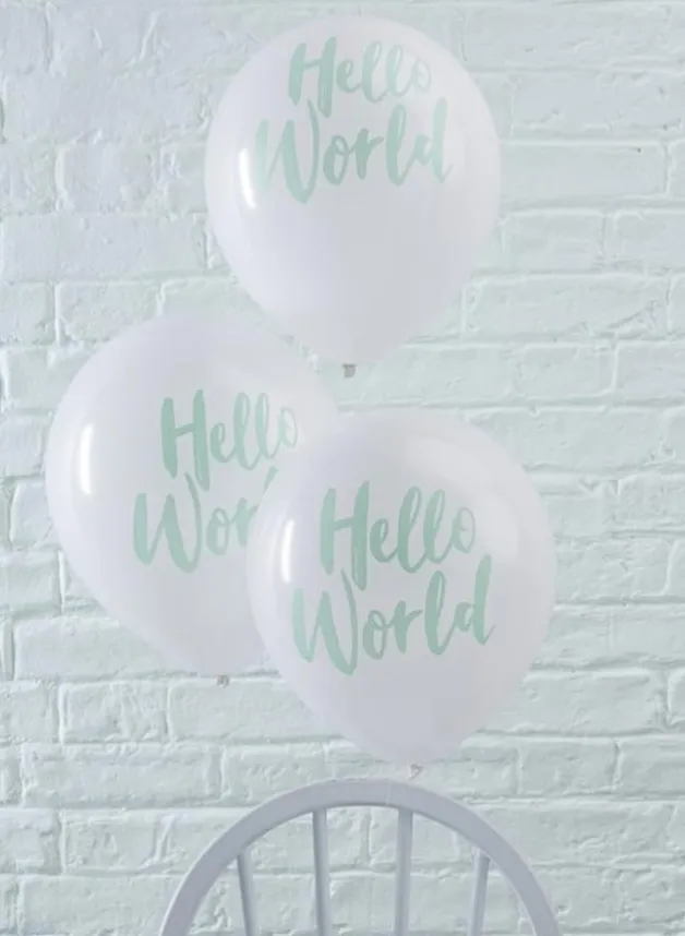 Ballonger vita med mintgrön text Hello world – 5 stycken