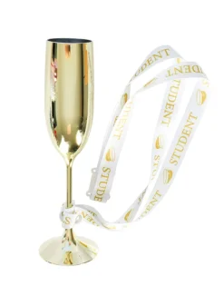 Champagneglas i guld på sidenband student – 24 cm