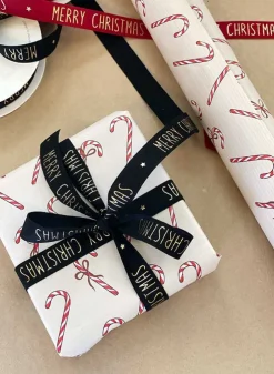 Julklappsband, presentband i SVART med guldtext Merry Christmas 15 mm – 5 meter