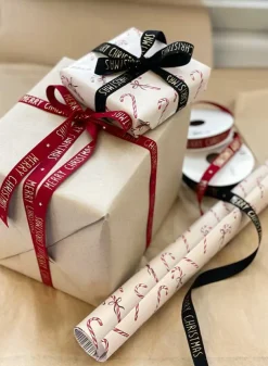 Julklappsband, presentband i SVART med guldtext Merry Christmas 15 mm – 5 meter