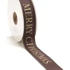 Julklappsband, presentband i BRUNT med Guldtext Merry Christmas 25 mm – 15 meter