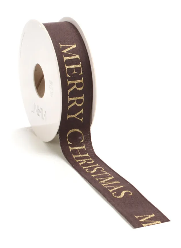 Julklappsband, presentband i BRUNT med Guldtext Merry Christmas 25 mm – 15 meter