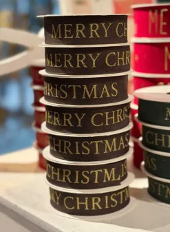 Julklappsband, presentband i BRUNT med Guldtext Merry Christmas 25 mm – 15 meter