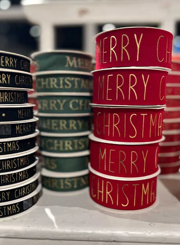 Julklappsband, presentband i RÖD sammets imitation Merry Christmas 40 mm bred – 5 meter