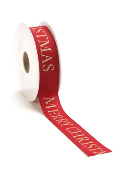 Julklappsband, RÖTT presentband med guldtext – Merry Christmas 25 mm – 15 meter