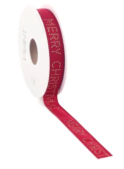 Julklappsband, RÖTT presentband Merry Christmas i prickar 15 meter – 15 mm bred
