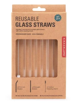 Sugrör i glas set – 3 raka, 3 böjda + sugrörsborste – Kikkerland