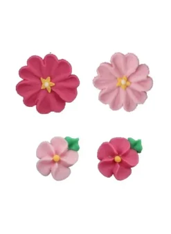 Tårtdekoration Daisy – Sockerblommor små och stora i rosa med blad – 14 st
